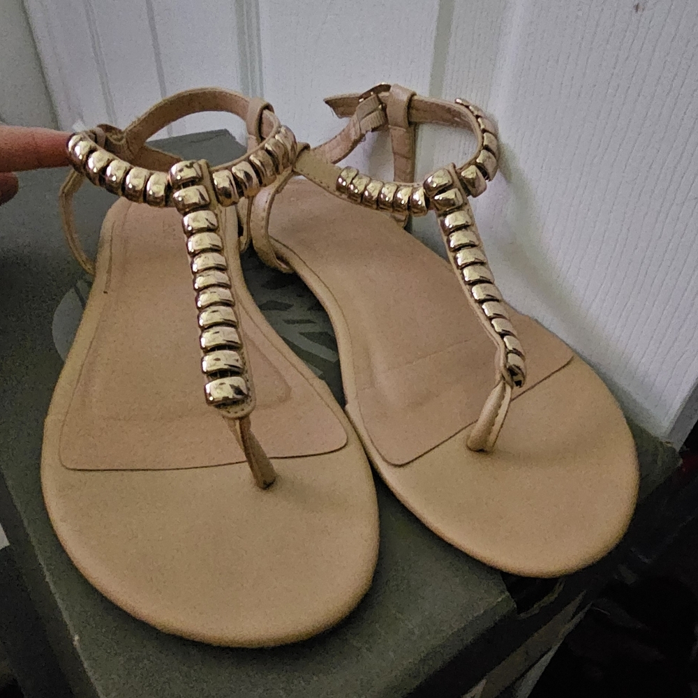 BAMBOO Gold and Tan Sandals with Beaded Embellishments